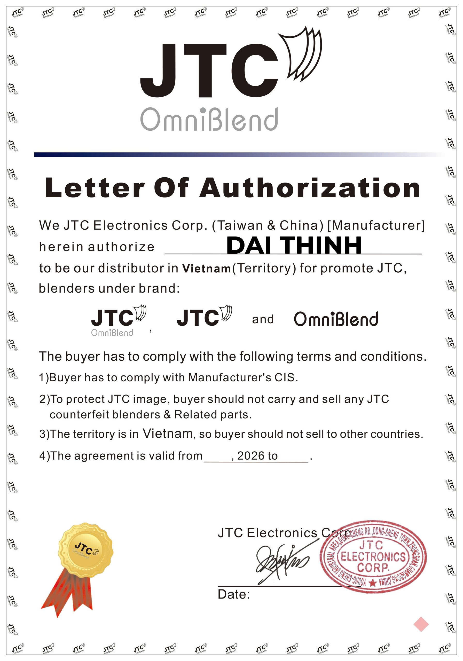 Letter of Authorization của JTC Electronics Corp. ghi nhận DAI THINH là nhà phân phối tại Việt Nam